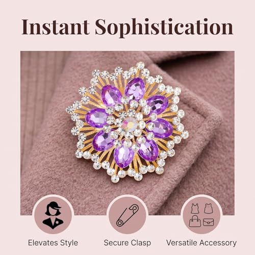 QCWN Large Flower Brooches and Pins for Women Vintage Rhinestone Sunflower Brooch Costume Jewelry Lapel Hat Pins for Wedding Dresses Bouquet Gifts - style: 1Pcs Lavender Purple