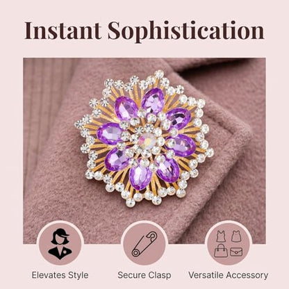QCWN Large Flower Brooches and Pins for Women Vintage Rhinestone Sunflower Brooch Costume Jewelry Lapel Hat Pins for Wedding Dresses Bouquet Gifts - style: 1Pcs Lavender Purple