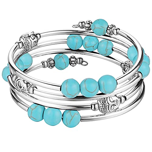 PEARL&CLUB Beaded Chakra Bangle Turquoise Bracelet - Fashion Jewelry Wrap Bracelet with Thick Silver Metal and Mala Beads, Birthday Gifts For Women - color: 58-Turquoise