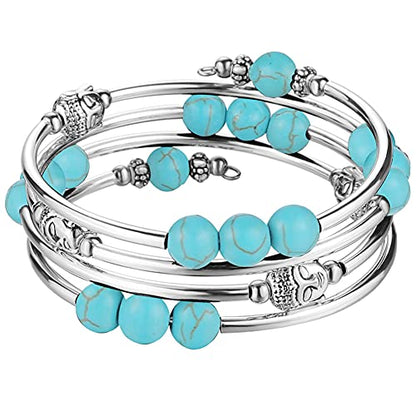 PEARL&CLUB Beaded Chakra Bangle Turquoise Bracelet - Fashion Jewelry Wrap Bracelet with Thick Silver Metal and Mala Beads, Birthday Gifts For Women - color: 58-Turquoise