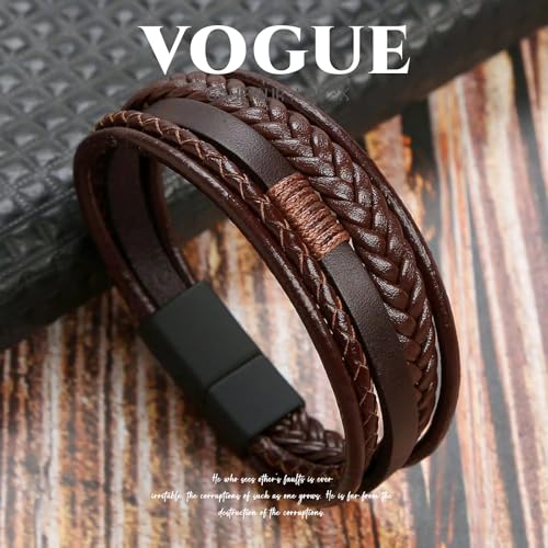 GAUEIOUR Men's Leather Bracelet - Brown with Stainless Steel Clasp, Casual Multi-Layer Creative Braided Bracelets, Vintage Personalized Handmade Wristband Punk Rock Jewelry for Mens