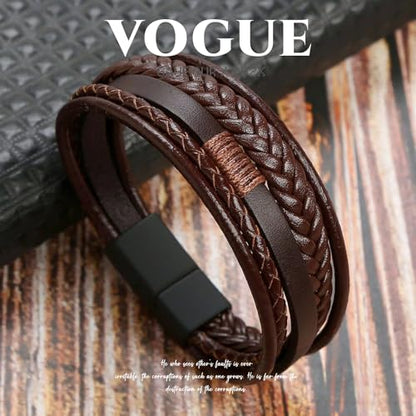 GAUEIOUR Men's Leather Bracelet - Brown with Stainless Steel Clasp, Casual Multi-Layer Creative Braided Bracelets, Vintage Personalized Handmade Wristband Punk Rock Jewelry for Mens