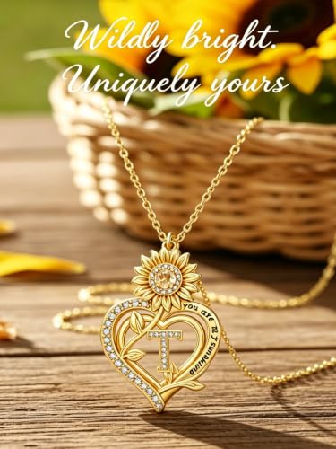 14K Gold Sunflower Initial Necklaces for Women | Heart Letter Pendant You Are My Sunshine Jewelry Gifts - style: T