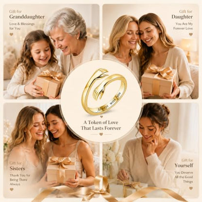 Sterling Silver Hug Ring for Women Teen Girls Adjustable Love Promise Ring Inspirational Open Rings Mothers Day Birthday Gift for Daughter Granddaughter Mom Wife Best Friend - color: 18K Gold / Daughter Gift (Always with you)