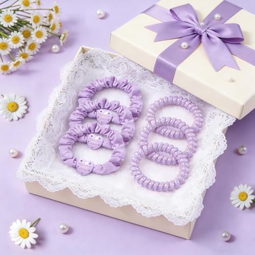 6pcs Spiral Hair Ties and Skinny Scrunchies with Heart Charms 2.36 Inch No Crease Phone Cord Coils Thin Scrunchies Hair Accessories for Ponytail Holders Purple