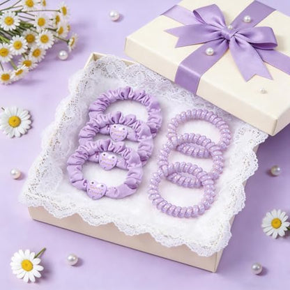 6pcs Spiral Hair Ties and Skinny Scrunchies with Heart Charms 2.36 Inch No Crease Phone Cord Coils Thin Scrunchies Hair Accessories for Ponytail Holders Purple