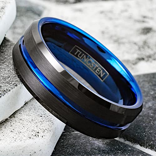 Stunning 6mm/8mm Brushed Satin Finish Black Tungsten Carbide Band Ring w/Brilliant Thin Blue Line Stripe & Matching Brilliant Blue Comfort Fit Inner Band.