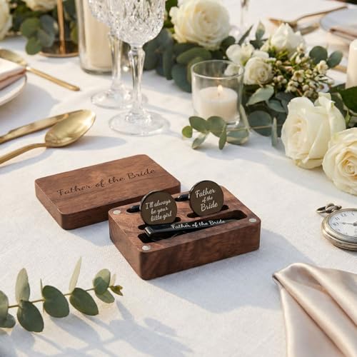 Colingmill Father of the Bride Gift Dad of the Bridegroom Cufflinks Tie Clip Set with Engraved Wood Gift Box for Dad - style: Father of the Bride,Always,Black