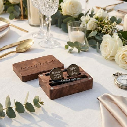 Colingmill Father of the Bride Gift Dad of the Bridegroom Cufflinks Tie Clip Set with Engraved Wood Gift Box for Dad - style: Father of the Bride,Always,Black