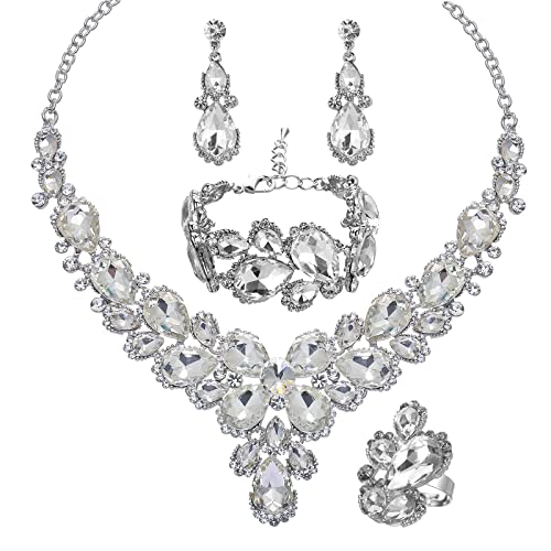 Women's Wedding Bridal Austrian Crystal Glass Teardrop Statement Necklace Dangle Earrings Bracelet Ring Wedding Party Jewelry Set for Bridal Bridesmaid - color: White-Platinum Plated