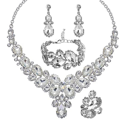 Women's Wedding Bridal Austrian Crystal Glass Teardrop Statement Necklace Dangle Earrings Bracelet Ring Wedding Party Jewelry Set for Bridal Bridesmaid - color: White-Platinum Plated