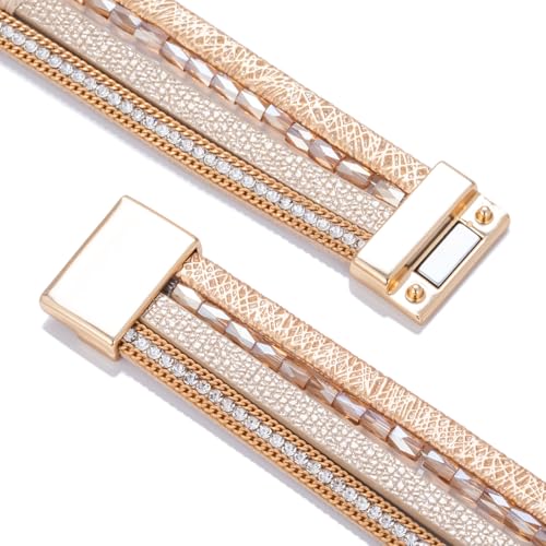 Boho Chunky Leather Wrap Bracelets Stackable Beaded Western Country Jewelry | Crystal Bead Trendy Layered Cuff Magnetic Clasp Stack Bohemian Statement Costume Outfits Cowgirl Fashion Hippie Accessories - color: Cream, size: 7.7"