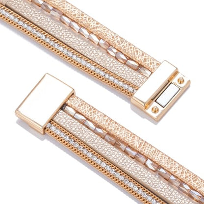 Boho Chunky Leather Wrap Bracelets Stackable Beaded Western Country Jewelry | Crystal Bead Trendy Layered Cuff Magnetic Clasp Stack Bohemian Statement Costume Outfits Cowgirl Fashion Hippie Accessories - color: Cream, size: 7.7"