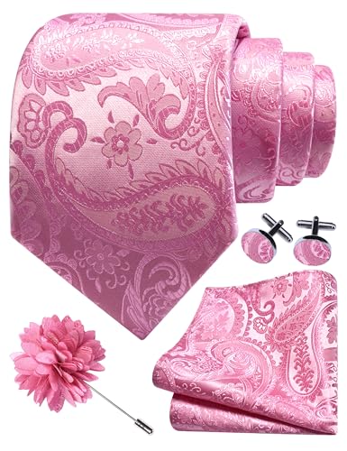 GUSLESON Paisley Tie Set for Men 3.15" Necktie Lapel Pin Hankerchief Cufflinks Set for Men - color: Pink