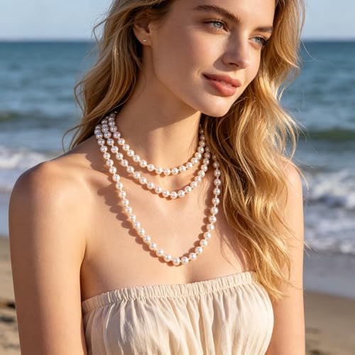 Long Pearl Necklaces for Women Layered Pearl Long Sweater Necklaces Vintage Elegant Pearls Necklace Trendy Dainty Wedding Costume Party Jewelry