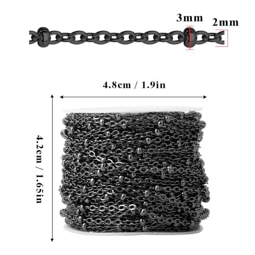 33FT 2mm Stainless Steel Gunmetal Satellite Chains Bulk for Jewelry Making | 304 Stainless Steel Black Ball Beaded Cable Links Chain Roll Spool for DIY Craft - color: Black Small Beads Satellite Cable Chain