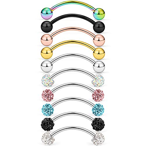 Lcolyoli 20g Surgical Steel Tiny Curved Eyebrow Barbell Ear Navel Belly Ring Piercing Jewelry for Women Men 10mm 9-12 Pieces - color: E: 10Pcs-20G-3/8"
