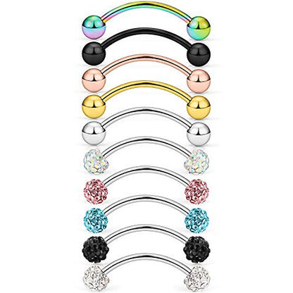 Lcolyoli 20g Surgical Steel Tiny Curved Eyebrow Barbell Ear Navel Belly Ring Piercing Jewelry for Women Men 10mm 9-12 Pieces - color: E: 10Pcs-20G-3/8"