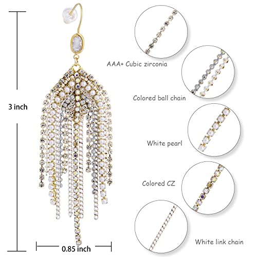 Fringe Dangling Tassel Earrings for Women, Handcrafted Chandelier Long Bohemian Beaded Cubic Zirconia Crystal Imitation Pearls Inlay Statement Boho Chain Hook Earrings for Wedding Party - color: White