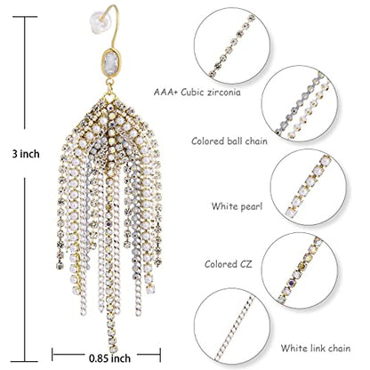 Fringe Dangling Tassel Earrings for Women, Handcrafted Chandelier Long Bohemian Beaded Cubic Zirconia Crystal Imitation Pearls Inlay Statement Boho Chain Hook Earrings for Wedding Party - color: White