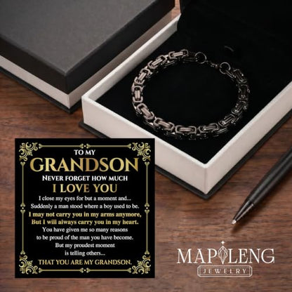 Grandson Gifts from Grandma Grandpa, Black Stainless Steel Bracelet with Meaningful Message Card, Birthday Gift for Grandson, Graduation Christmas Gift, Inspirational Keepsake Jewelry for Men - color: Grandson #1