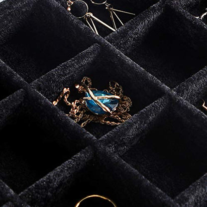 Frebeauty Velvet Jewelry Tray,35 Grid Jewelry Organizer with Clear Lid,Earring Holder Organizer Case with Clasp,Drawer Insert for Rings Studs,13.8 x 9.5 x 2 Inches,Gift for Women Girls(Black) | Drawer Jewelry Organizer for Rings Studs Beads,Adjustable Div