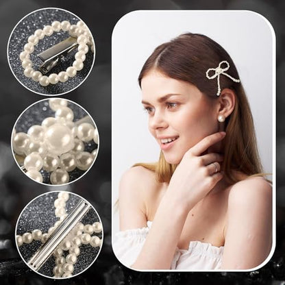 Daifunli 4 Pcs Elegant Pearl Bow Hair Clip Sparkly Bowknot Clips Vintage White Pearl Barrette Hairpin Headwear Gifts Weddings Brides Birthdays for Women Girls - style: Pearl