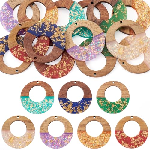Beadthoven 14Pcs/7 Pairs Glittery Resin Wood Earrings Pendants, Iridescent Hollow Round Circle Charms Wood Earrings Making kit Boho Vintage Wooden Earring Blanks Pieces for Jewelry Making DIY Crafts - color: Hollow Round