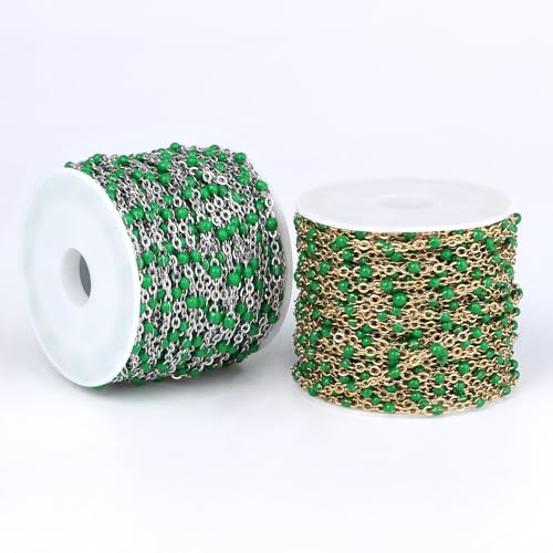 33FT 2mm Stainless Steel Green Enamel Link Chains Bulk for Jewelry Making | 304 Stainless Steel Enamel Beaded Cable Chains Roll Spool for Necklace Bracelet Craft - color: Stainless Steel Green Beads