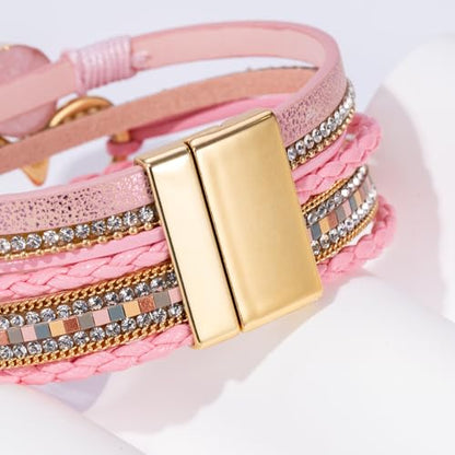 Boho Leather Wrap Bracelets Beaded Stackable Cuff Bracelet Country Concert Outfits Cowboy Cowgirl Western Jewelry Gifts for Women - color: Heart-Pink