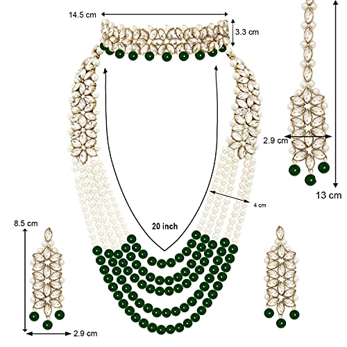Aheli Wedding Party Wear Bridal Jewellery Choker Long Pearl Necklace Earrings Maang Tikka Indian Traditional Set Gift for Women - color: Green