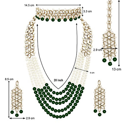 Aheli Wedding Party Wear Bridal Jewellery Choker Long Pearl Necklace Earrings Maang Tikka Indian Traditional Set Gift for Women - color: Green