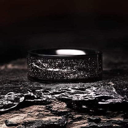 King Will Mens Wedding Band with Foils Inlay, Black/Silver/Gold Beveled Edge Glowstone Ring, 6mm/8mm Tungsten Carbide Rings Comfort Fit - color: Pipe Cut-Black&Silver-8mm