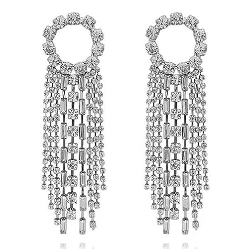 Fashion Women Earrings Silver Tassel Full Rhinestones Ring Long Chain Drop Dangle Earrings Jewelry for Women