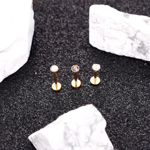 16G 18G 20G 3PCS G23 Titanium Push in Labret Monroe Stud Threadless Lip Ring Opal CZ Nose Stud Pure Titanium for Sensitive Skin Cartilage Helix Tragus Earrings Stud 6MM 8MM 10MM - style: 16G-Gold