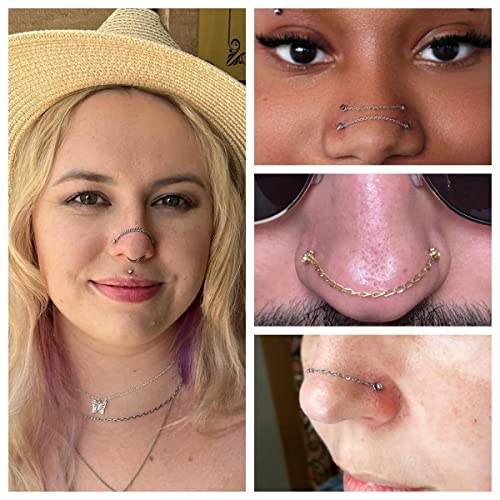 20G Stainlesss Steel Nose Rings Stud Nose Chain Piercing Across Double Nose Stud Womens Nostril Piercing Jewelry - color: Screw Shaped Gold