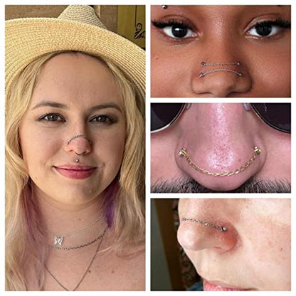 20G Stainlesss Steel Nose Rings Stud Nose Chain Piercing Across Double Nose Stud Womens Nostril Piercing Jewelry - color: Screw Shaped Gold