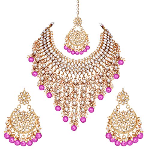Aheli Elegant Indian Wedding Wear Faux Kundan Studded Choker Necklace with Maang Tikka Set Ethnic Fashion Jewelry for Women Maroon Kundan & Pearl Drop - color: Rani Pink