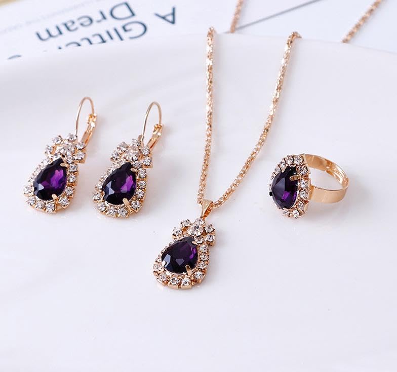 MALOYANVE 4PCS Crystal Heart Jewelry Set Glitter Gold Cubic Zirconia Love Heart Pendant Necklace Lightweight Hoop Earrings Bangle Bracelet Adjustable Open Ring Prom Wedding Jewelry for Women - color: Purple