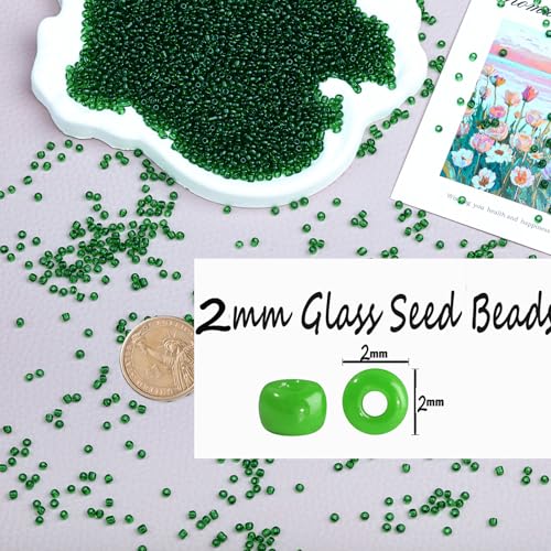 2mm Glass Seed Beads Bulk, Green Transparent 12/0 Tiny Round Seed Bead, Small Mini Pony Craft Beads for Bracelet Necklace Wrist Jewelry Making Beading Weaving DIY Crafts Supplies - color: Green Transparent