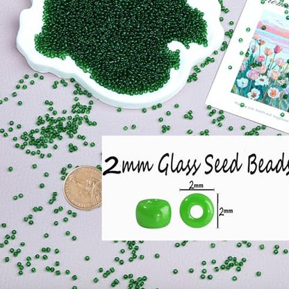 2mm Glass Seed Beads Bulk, Green Transparent 12/0 Tiny Round Seed Bead, Small Mini Pony Craft Beads for Bracelet Necklace Wrist Jewelry Making Beading Weaving DIY Crafts Supplies - color: Green Transparent