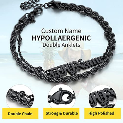 ChainsHouse Double Layer Anklet Bracelet for Women,Adjustable Chain Anklets Stackable Dainty Anklets,Stainless Steel/Gold Plated/Black Ankle Jewelry Gifts - color: C-Black-Rope Chain