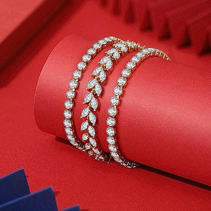 GEMOSA 3 Pcs Tennis Bracelets for Women Silver Gold Bule CZ Braclet Set | Marquise Cubic Zirconia CZ Diamond, Dainty Adjustable Silver Gold Bule Bracelets, for Women Brides, Stackable Fashion Jewelry - color: Gold