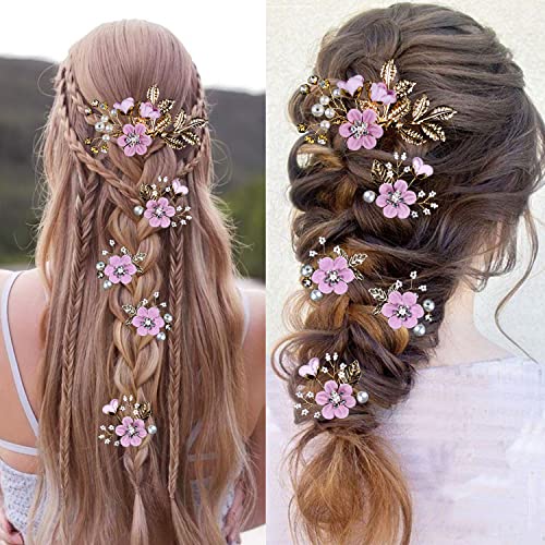 5 PCS Bridal Flower Wedding Hair Pins Crystal Pearl Hair Clips Headpiece Gold Wedding Hair Accessories Jewelry with Rhinestone for Brides Bridesmaids Women Girls Updo, Romantic Lilac Purple - color: Exquisite Flower Leaves&Romantic Lilac Purple