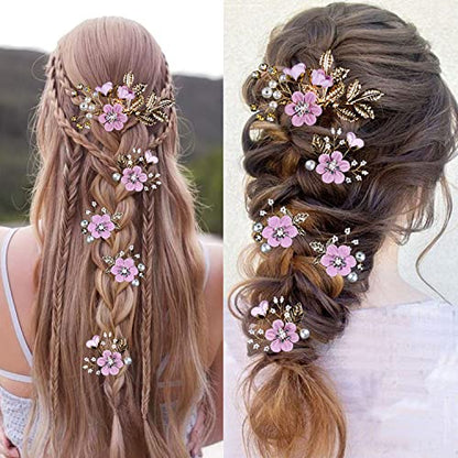 5 PCS Bridal Flower Wedding Hair Pins Crystal Pearl Hair Clips Headpiece Gold Wedding Hair Accessories Jewelry with Rhinestone for Brides Bridesmaids Women Girls Updo, Romantic Lilac Purple - color: Exquisite Flower Leaves&Romantic Lilac Purple