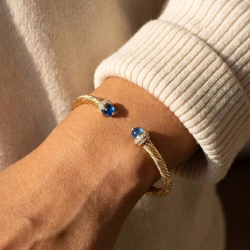 Fettero Gold Cuff Bangle Bracelets for Women - Adjustable Open Cuff Bangles 14K Gold Plated Charm Twisted Cable Bangle Bracelet for Mom Dainty Jewelry Gift - color: Blue