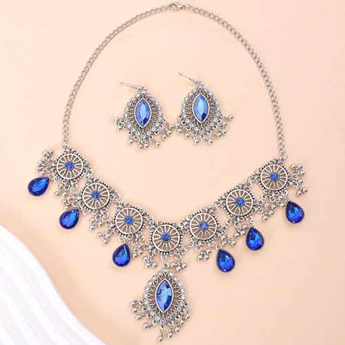 Frodete Indian Jewelry Sets for Women Traditional Bohemian Wedding Jewelry Set Indian Dresses for Women Oxidized Ethnic Party Prom Wear - color: D3:SILVER BLUE
