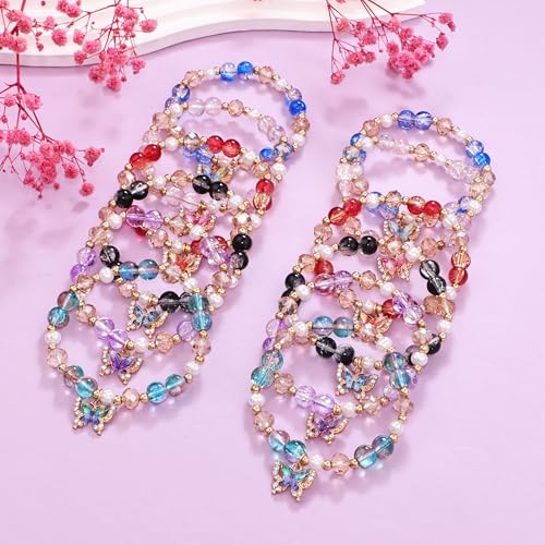 12 Pcs Butterfly Glass Beaded Stretch Bracelets for Women, 6 Colors Crackle Crystal Bead Elastic Bracelet Set with Enamel Charm, Stackable Handmade Jewelry Gift for Daily & Party Wear