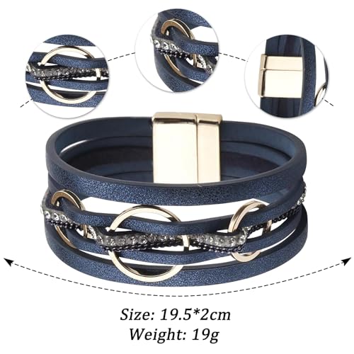 Fesciory Leather Wrap Bracelet for Women, Boho Western Layered Cuff Jewelry | Stackable Bracelets, Easy-On Clasp, Daily Wear, Pairs with Boho Western Outfits, Gift for Women - color: Blue3