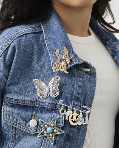 Jessica Simpson Silver or Gold-Tone Brooch for Women | Western Pins with Dangle Charms, Turquoise, or Rhinestones - color: Silver Western Charms